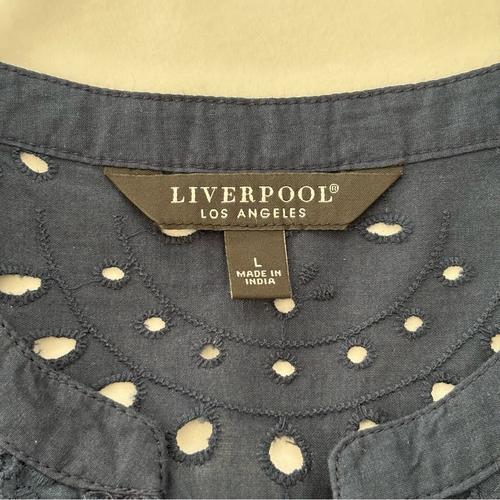 Liverpool Sleeveless Eyelet Top NWT Navy Blue Scalloped Hem Swing Silhouette L - Picture 7 of 10